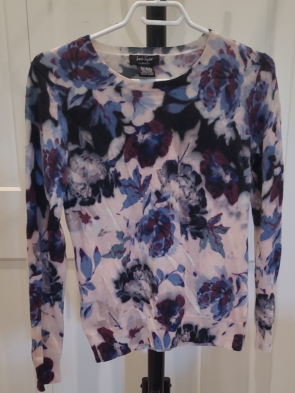 Lord & Taylor 100% Cashmere Floral Crewneck Top - Blue, Pink & White